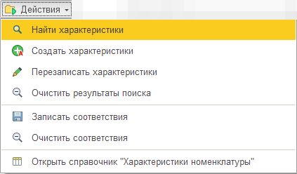Действия "Характеристики" Действия "Характеристики"